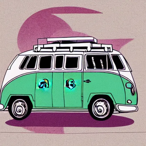 Image similar to illustration of jerry garcia driving a volkswagon bus and waving