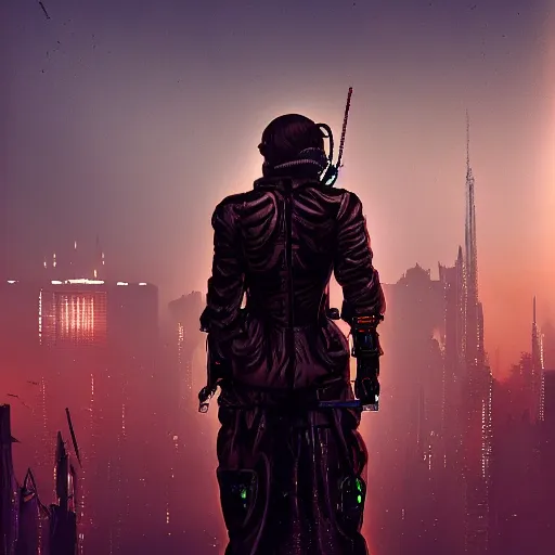 Prompt: beautiful cyberpunk assassin with night vision goggles, dramatic light, sunset, cyberpunk city in the background, gorgeous view, depth, painted by Caspar David Friedrich, tending on artstation