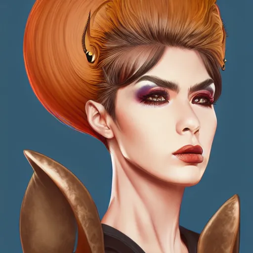 Image similar to illustrated realistic portrait of swept-back prong-horned devil woman with blue bob hairstyle and her tan colored skin and with solid black eyes wearing leather by rossdraws