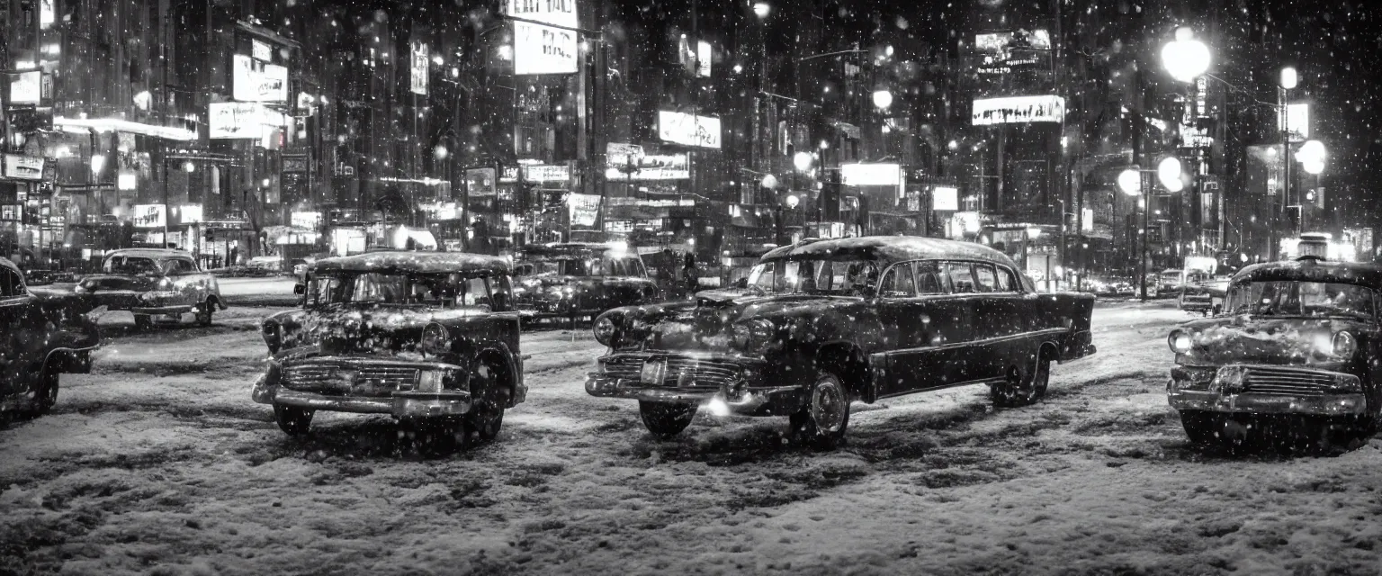 Prompt: detailed sharp photograph in the style of popular science circa 1 9 5 5 and gregory crewdson of a taxi driver in a checker cab in the snow on broadway at night 1 5 0 mm lens close up