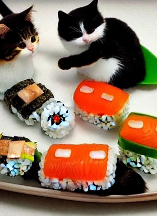 Image similar to clear photorealistic picture of adorable cats made out of sushi