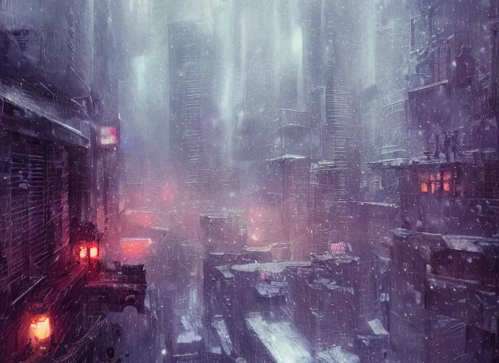 Image similar to man sitting on top of building ledge snowing snowy film photo night time serene city scape (((Wadim Kashin Wenjun Lin Bladerunner2049))) ((somber melancholic))