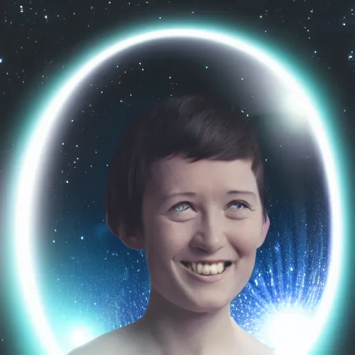 Image similar to a person lost in space with an evil grin and injuries and short hair near a black hole