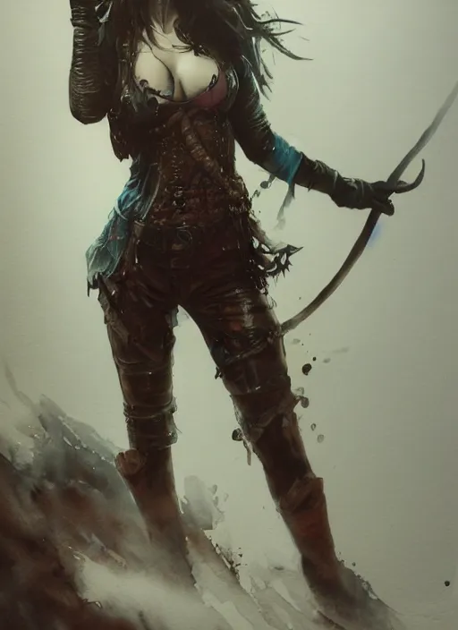 Prompt: full body concept art very wet watercolor of a female pirate, airbrushed painting, stunning, featured on artstation, cinematic lighting, hyperdetailed, cgsociety, 8k, dramatic, dark atmosphere, alluring