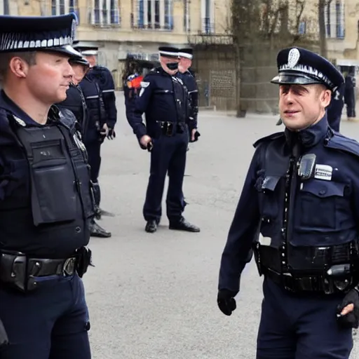 Prompt: a policeman with the face of emmanuel macron