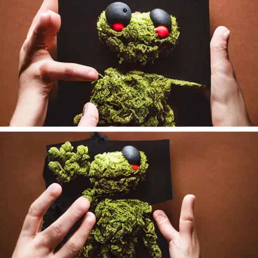 Image similar to cookie monsta plush made of weed buds eating a cookie photography portrait stylised jonathan zawada lit from multiple angles soft