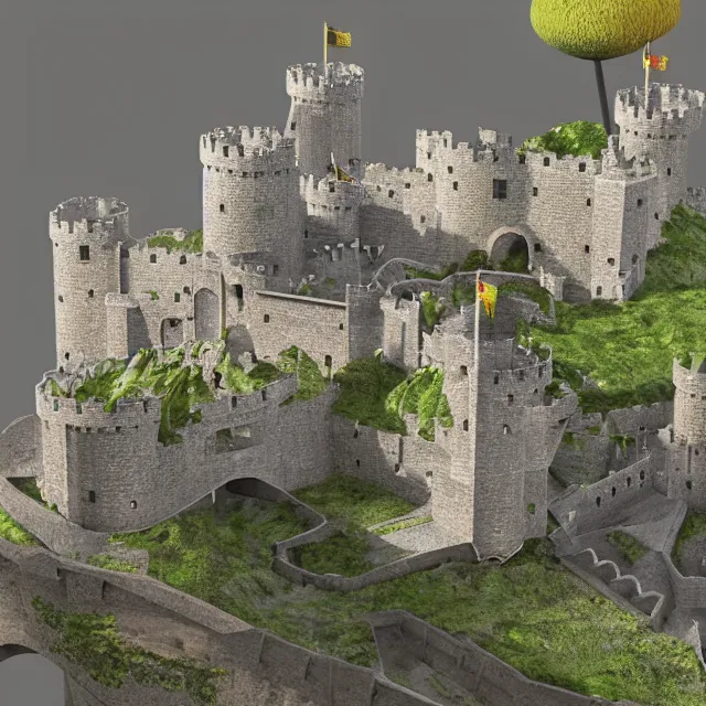 Image similar to complex 3 d render, hyper realistic, looking close up at a well maintained castle