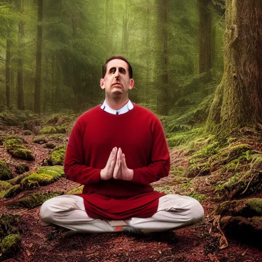 Image similar to Michael Scott meditate in forest, realistic photo, 90mm