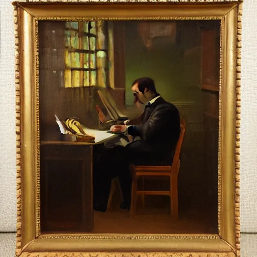 Image similar to a 19th century oil painting of a man having trouble working with his laptop