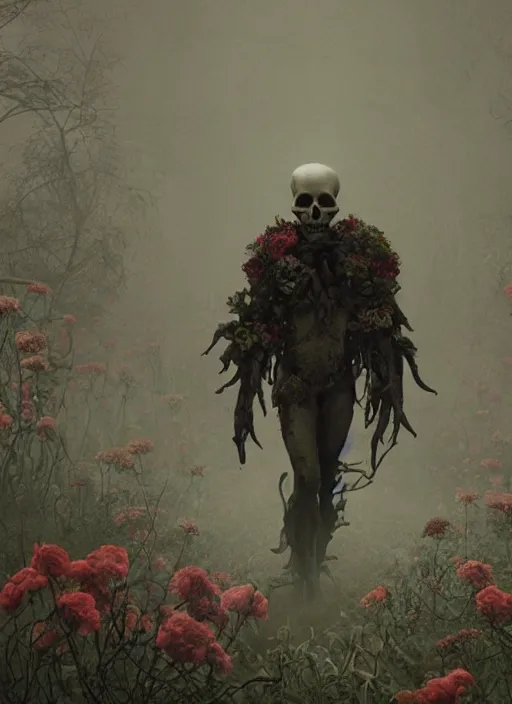 Prompt: skull surrounded by flowers, fog, cinematic shot, denis villeneuve, movie still, wayne barlowe, detailed, very coherent, vintage, fine art, emil melmoth,