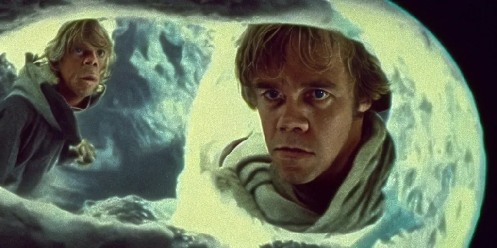 Image similar to screenshot portrait of Luke Skywalker, on a planet of maelstrom, chaos, the world without form and void, 1970s film by Stanley Kubrick, iconic scene, HR Geiger design, stunning cinematography, hyper-detailed, sharp, anamorphic lenses, kodak color, 4k, stunning