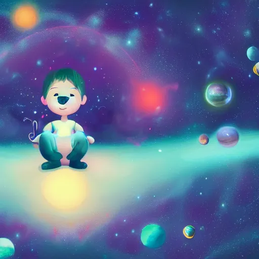 Image similar to lonley and gloomy baby in middle of space surrounded by colorful stars planets and galaxies, grainy design, high quality, 4 k, high details, smooth fucos, award winning, artstation