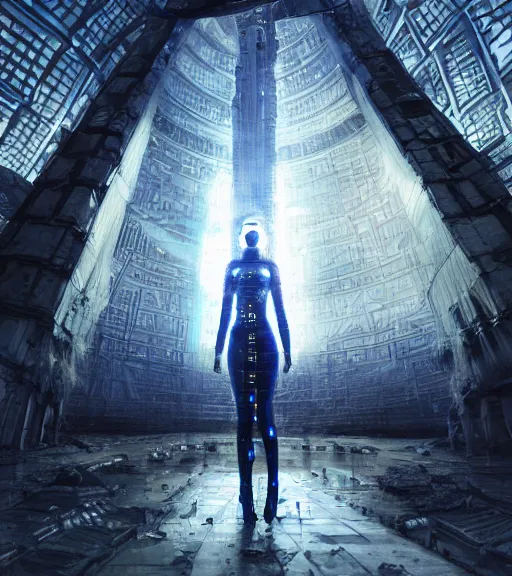 Image similar to tarkovsky greatest scene, aura of the ancient destroyed majestic tower of babylon, woman in gantz suit, futuristic cyber clothing, transparent puffer jacket, hyperealistic, blockchain, cyber world, ambient lighting, concept art, intricate, hyper detailed, smooth, dynamic volumetric lighting, octane, ray trace, cinematic, high quality, cgsociety