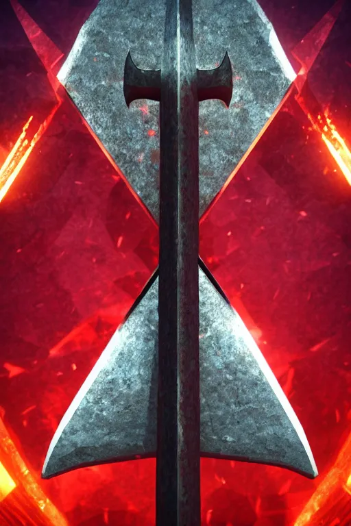 Image similar to game - icon of medieval sword and axe crossed on a prism, red powerful fantasy epic legends, game icon stylized, digital illustration radiating, a glowing aura, global illumination, ray tracing, 8 k high definition, intricate details, octane render, unreal engine, trending on arstation