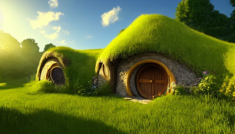 Prompt: a hobbit house in a grass field hill, a sunny day, ray of sunlight, volumetric, depth, of field, hypersharp, hyperdetailed, by moebius, artstation, cgsociety, 8 k