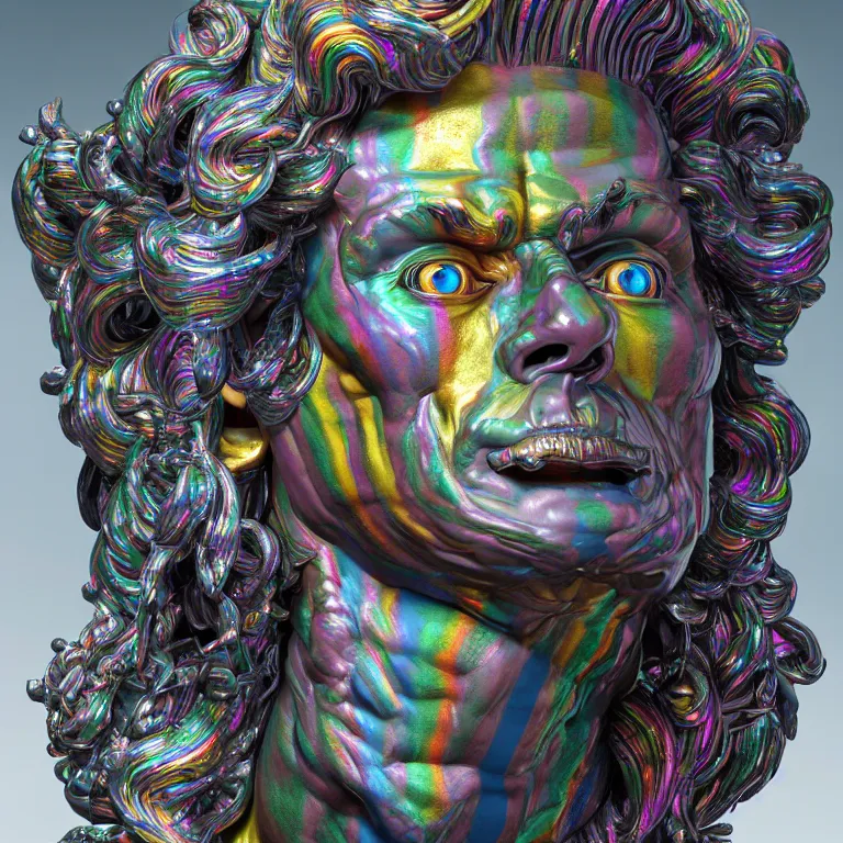 Image similar to stylized rainbow bismuth ornate statue full body made of marble of judas, perfect symmetrical body, perfect symmetrical face, hyper realistic, hyper detailed, by johannen voss, by michelangelo, octane render, blender, 8 k, displayed in pure white studio room luxury