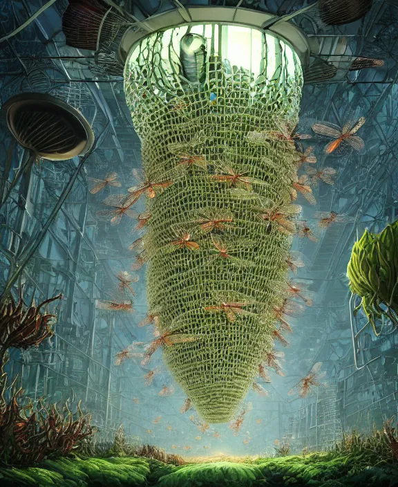 Image similar to a giant weird industrial plant hive made out of isopod dragonflies, in the style of a strange giant asymmetrical fungus, overgrown with disturbing orchids, godbeams, partly cloudy, somber, dramatic lighting, by dan mumford, yusuke murata, makoto shinkai, ross tran, cinematic, unreal engine, cel shaded, featured on artstation, pixiv