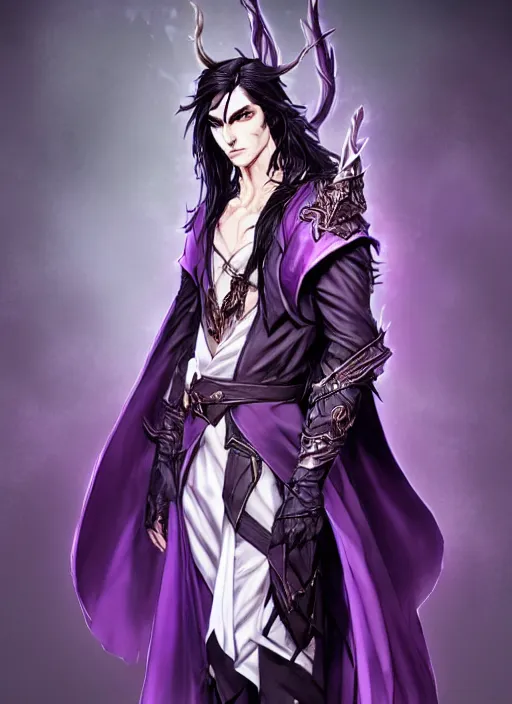 Prompt: Full body portrait of a handsome elven aristocrat with long black hair wearing purple mage robe. In style of Yoji Shinkawa and Hyung-tae Kim, trending on ArtStation, dark fantasy, great composition, concept art, highly detailed, dynamic pose.