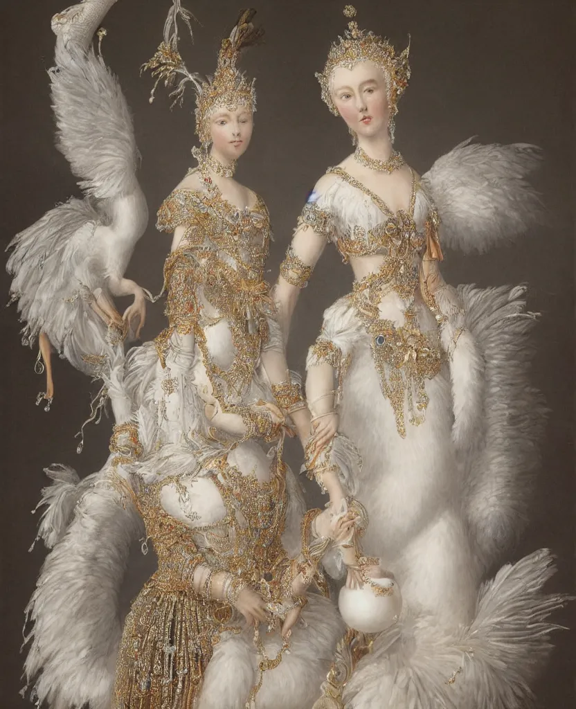 Prompt: a one single queen _ with _ a _ decorated _ dress _ made _ of _ white _ pearls _ and _ white _ plumes _ of _ swan _ highly _ detailed _ digital _ painting