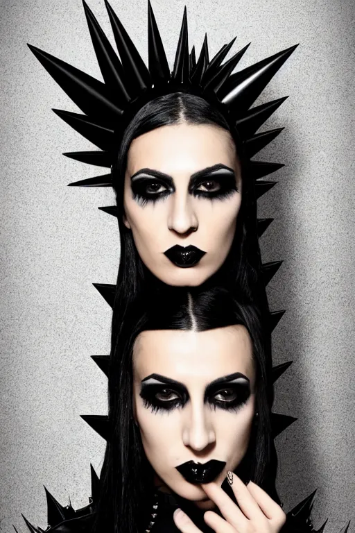 Image similar to a genderqueer iranian woman in a black leather outfit with spikes on her head, a high fashion character portrait by christen dalsgaard, featured on behance, gothic art, androgynous, genderless, gothic