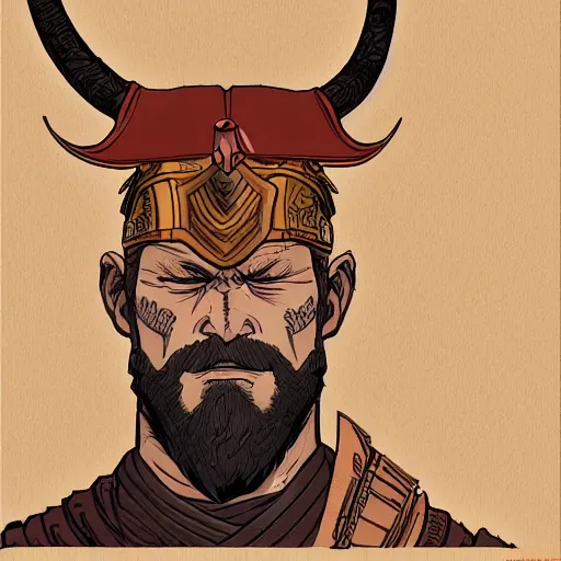 Prompt: a powerful japanese samurai wearing a viking's horned helmet, detailed face, highly detailed, face symmetry, character concept portrait by moebius and laurie greasley, colorful, profile picture, 8 k, cinematic color grading