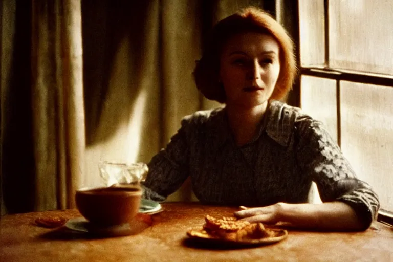 Image similar to soviet movie still a soviet woman sitting at a table next to the window with food, dark warm light, a character portrait by margarita terekhova, movie stalker solaris film still by andrei tarkovsky, 8 k, 1 9 8 4, close - up bokeh, gelios lens, color, noir