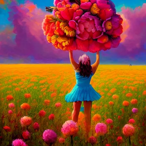 Prompt: head made of giant flowers, girl dancing in a vast flower field, arms behind back, surreal photography, sunrise dramatic light, impressionist painting, colorful clouds, large sky, digital painting, artstation, simon stalenhag, flower face