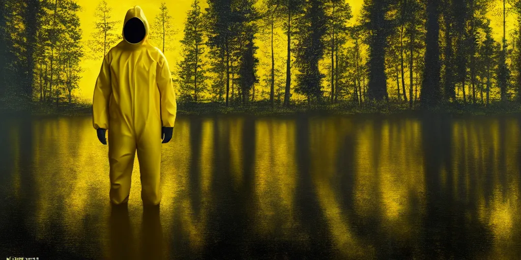 Prompt: a mysterious man in a yellow hazmat suit stands in a small lake with reflections in a detailed forest, painting, concept - art, rendering, octane, redshift, cinematic composition, volumetric lighting