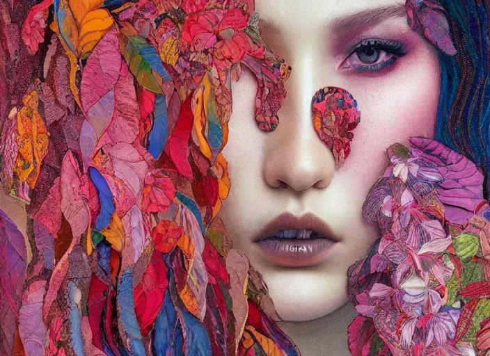 Prompt: bella hadid, exterior botanical garden, portrait face, colorful, in the style of frantisek kupka, intricate, miles johnston, kuroda seiki, cynical realism, ozabu, john william godward, painterly, yoshitaka amano, moebius, beautiful lighting, miles johnston, klimt, louise zhang, james jean