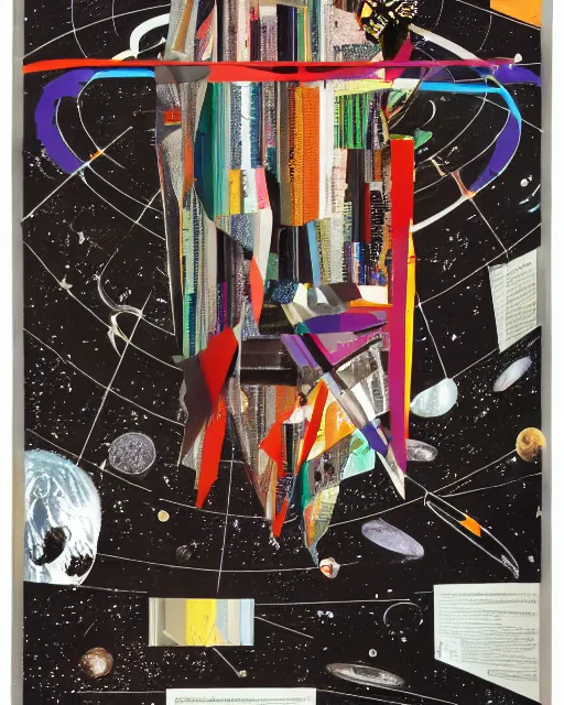 Image similar to A contemporary artistic collage, made of random shapes cut from fashion magazines, science magazines, and textbooks, of 2001: A Space Odyssey film poster. 1968