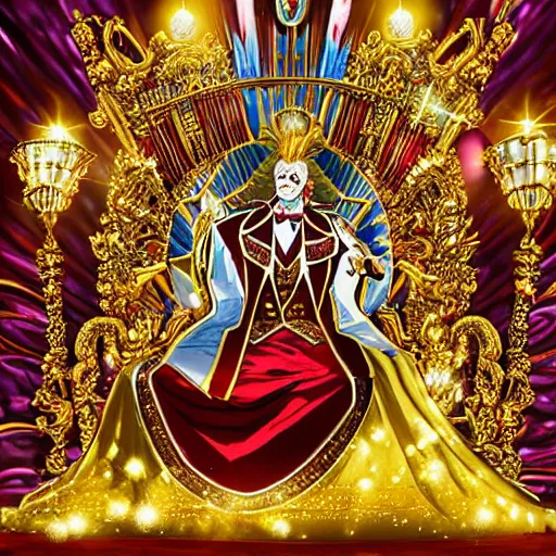 Image similar to anime of a shining majestic throne made of millions of diamonds, gold and zaphires with thousands of light reflections, and a clown on a tuxedo suit is sitting on the throne while handing a golden balloon, dramatic light