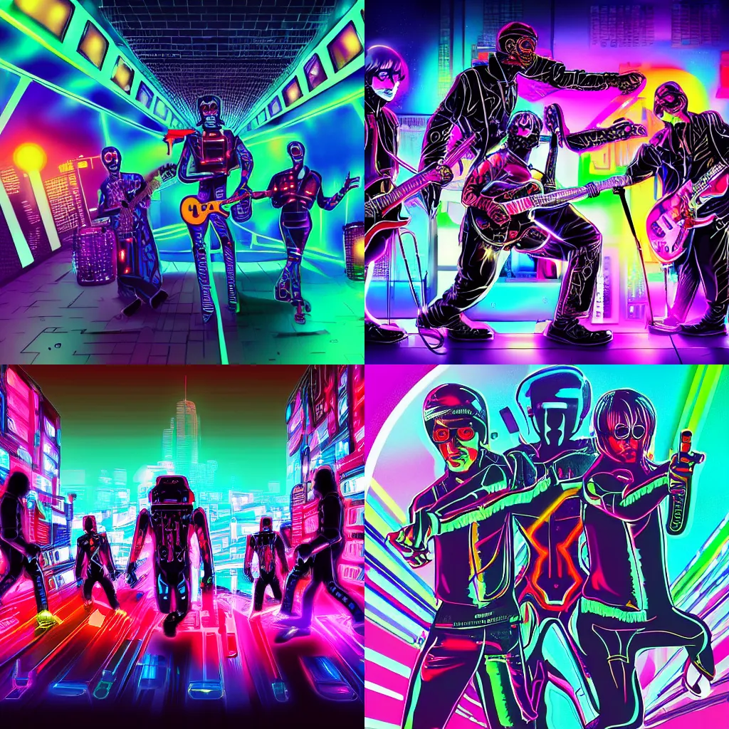 Prompt: cyborg beatles performing, cyberpunk, digital illustration, highly detailed, neon lighting, vivid colors, 4 k
