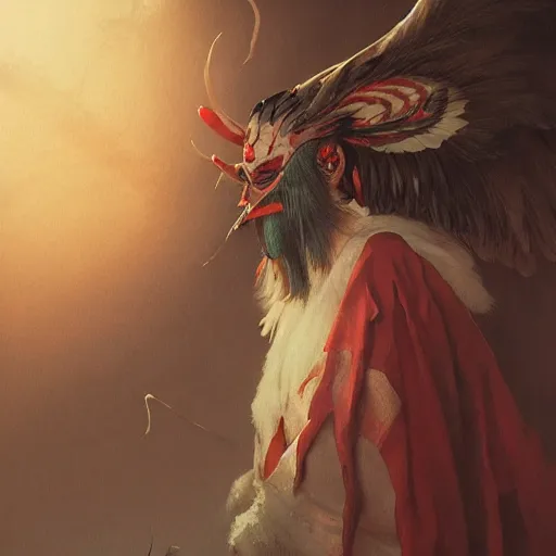 Image similar to a photorealistic dramatic fantasy render of a japanese tengu by wlop, artgerm, greg rutkowski, alphonse mucha, beautiful dynamic dramatic dark moody lighting, shadows, cinematic atmosphere, artstation, concept design art, octane render, 8 k