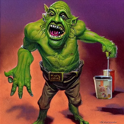 Image similar to greenskin goblin having a tantrum at mcdonalds cashier, by les edwards