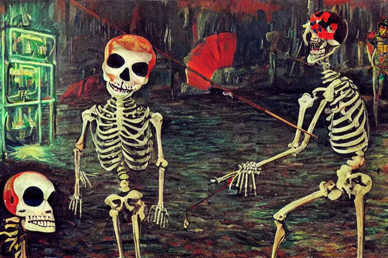 Image similar to scene from fishing, day of the dead, cyber skeleton, neon painting by otto dix