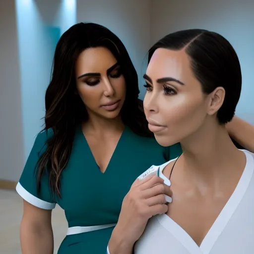 Image similar to riley reid hugging kim kardashian, kim wearing a nurse outfit, real photo, hospital interior, intricate, soft lighting, cinematic composition, hyper realistic, 8k resolution, unreal engine 5