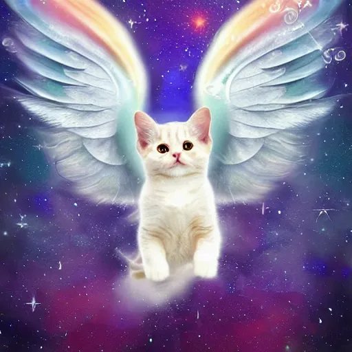 Prompt: cute cat flying with angel wings, fantasy, cosmos