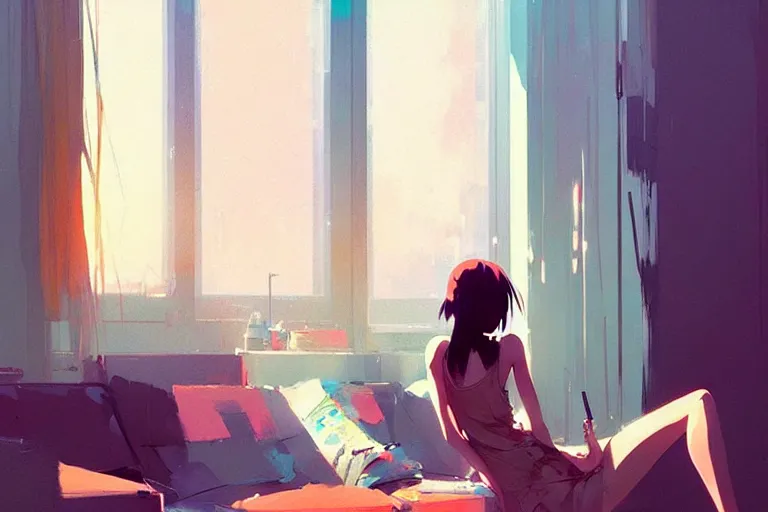 Image similar to a ultradetailed beautiful panting of a stylish woman sitting in a messy apartment, by makoto shinkai, conrad roset and greg rutkowski, trending on artstation