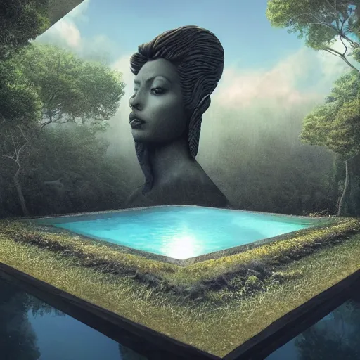 Image similar to minimalistic, hyperrealistic surrealism, award winning masterpiece with incredible details, epic stunning, infinity pool, a surreal vaporwave liminal space, highly detailed, trending on ArtStation, artgerm, wlop, Andrei Riabovitchev, Marc Simonetti, yoshitaka Amano, daily deviation, IAMAG, broken giant marble head statue ruins