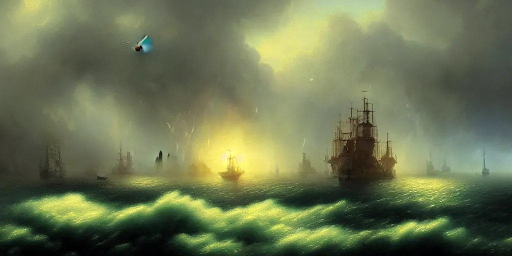 Image similar to A floating steampunk city above an ocean, rainy, turmoil, storm, extremely detailed digital matte painting inspired by Ivan Aivazovsky