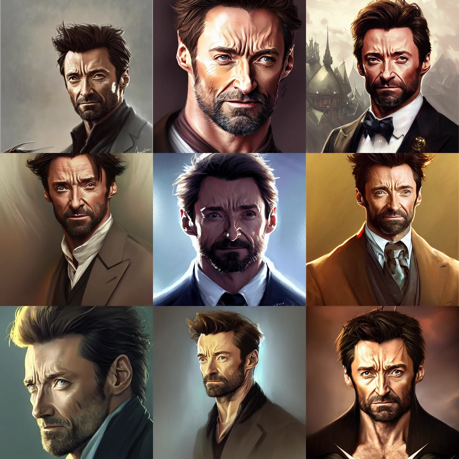 Prompt: hugh jackman, elegant, intricate, headshot, D&D, fantasy, highly detailed, digital painting, artstation, concept art, sharp focus, illustration, art by artgerm and greg rutkowski and alphonse mucha