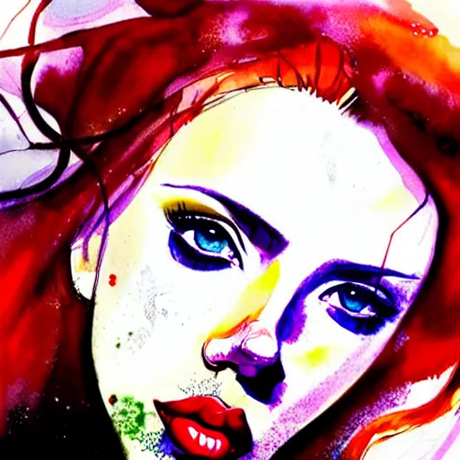 Image similar to pretty scarlett johansson black widow, symmetrical eyes, long red hair, half body, city rooftop by agnes cecile moebius bilal, very luminous design, light pastel colours, ink drips, autumn lights