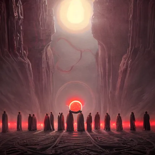 Image similar to A group of people in Sith lord robes pray to a red marble serpent statue, the scene is lit by a red moon., Matte painting , detailed painting, greg rutkowski