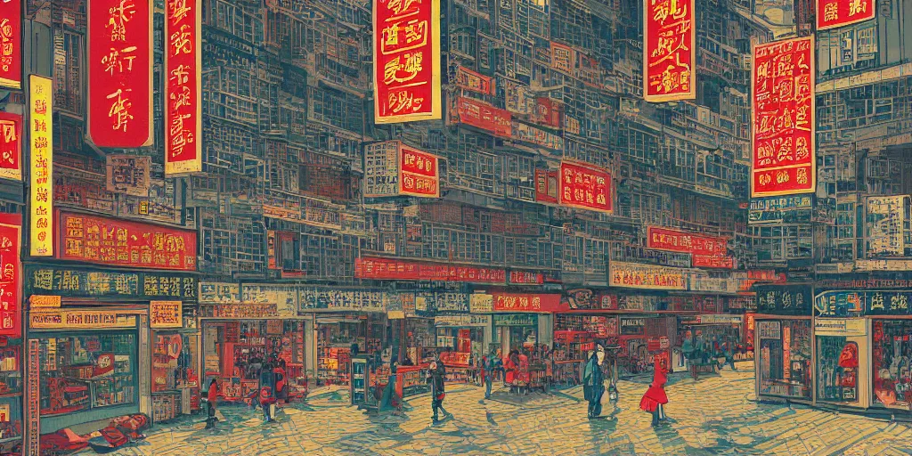 Image similar to a window view onto a street of shops in hong kong, by dan mumford and peter doig and edward hopper, minimal, black in, thick lines highly detailed, muted colours, overlaid with chinese adverts, 8 k