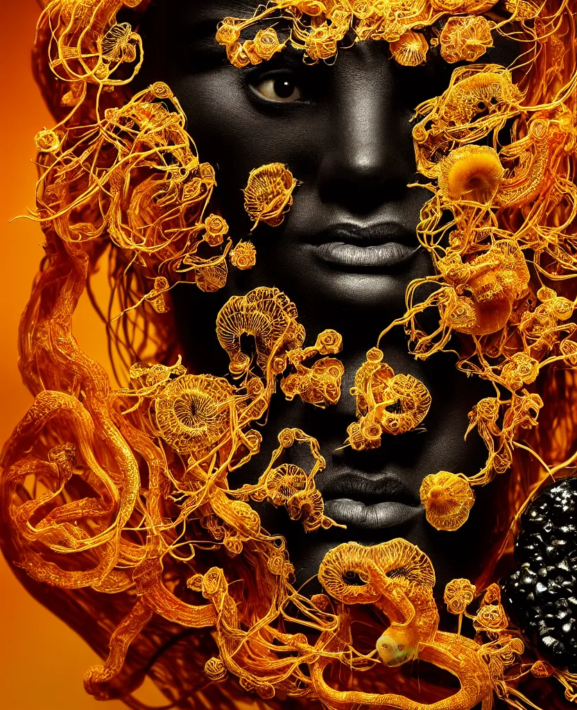 Image similar to fully black background. background hex 000000. goddess princess face close-up portrait ram skull. sculpture made of gold and decorated with brilliants. jellyfish phoenix head, nautilus, orchid, skull, betta fish, bioluminiscent creatures, intricate artwork by Tooth Wu and wlop and beeple. octane render, trending on artstation, greg rutkowski very coherent symmetrical artwork. cinematic, hyper realism, high detail, octane render, 8k