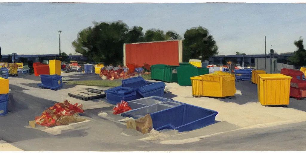 Image similar to Dumpsters by the parking lot behind a Walmart in a North American suburban strip mall by Edward Hopper