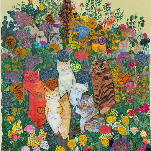 Prompt: a group of cat playing in a garden of flowers, a mix media painting by Victo Ngai, laurel burch and Leonardo da Vinci, cluttered , child's drawing