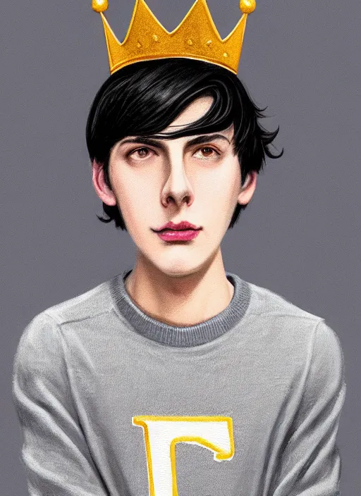 Image similar to portrait of teenage jughead jones wearing a light grey crown, photorealistic, crown, eyes closed, crown, black hair, sweater with letter s on it, letter s, intricate, elegant, glowing lights, highly detailed, digital painting, artstation, concept art, smooth, sharp focus, illustration, art by wlop, mars ravelo and greg rutkowski