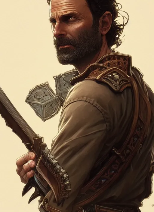 Image similar to rick grimes, d & d, fantasy, intricate, elegant, highly detailed, digital painting, artstation, concept art, matte, sharp focus, illustration, hearthstone, art by artgerm and greg rutkowski and alphonse mucha