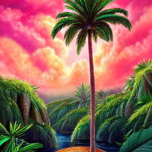 Image similar to a ultradetailed beautiful painting of amazonas by aulo maiskiankski, major arcana mason sparkles sky, and dougherty patrick, trending on artstation, mediterranean, palm trees, light sparkles, major arcana sky, sharp focus, soft light